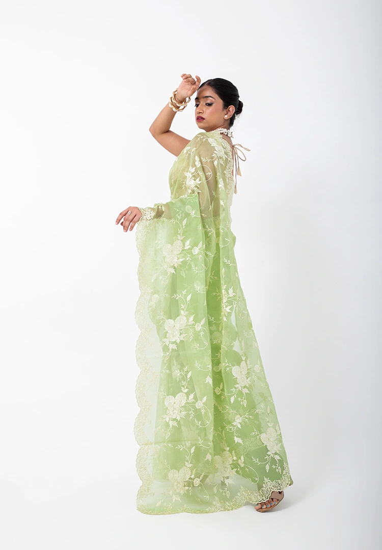 house-of-jayanti7589.webp Green Apple Glow/ Pure Organza saree with Kora work - Image 1